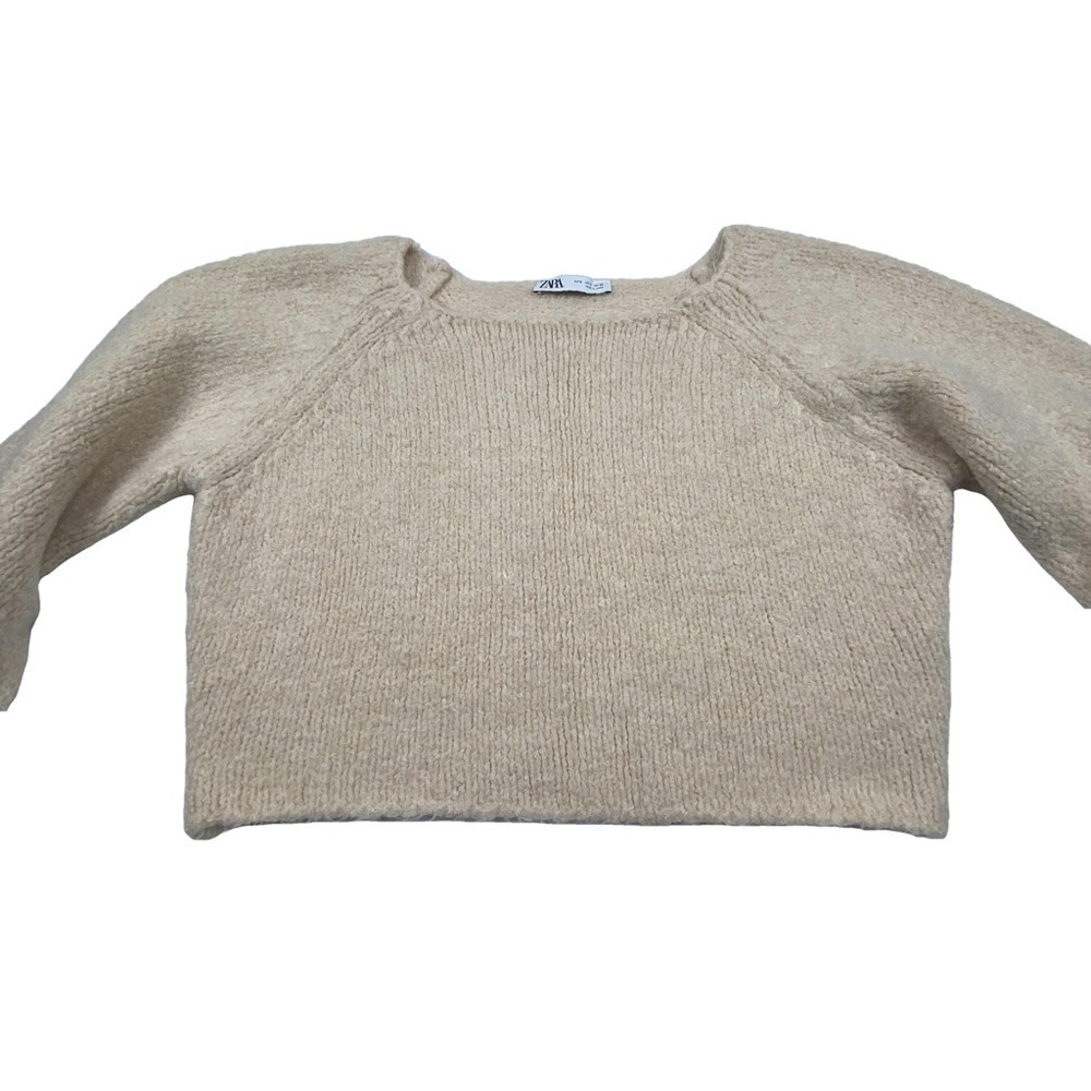 Zara Cropped Cream Barrel Sleeved Stretch Knit Boat Neck Sweater Cozy Small